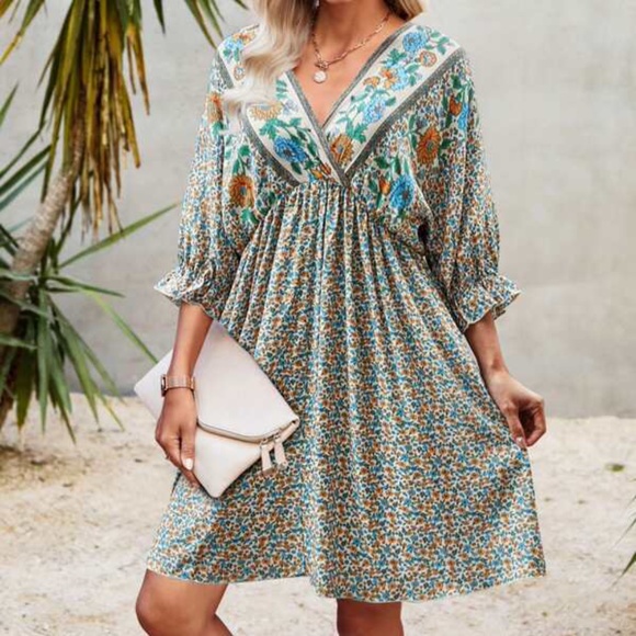 Boho Red Floral Print Ruffle Sleeve Mini Dress Cottagecore - Picture 3 of 13